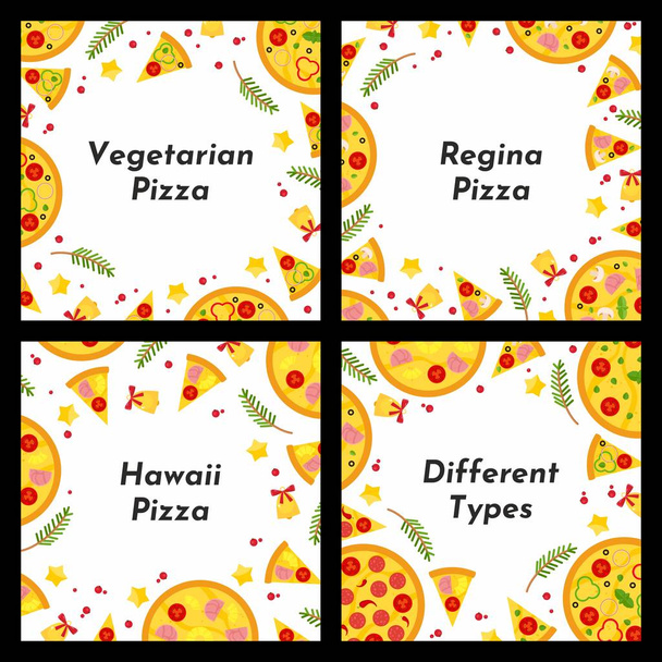 Conjunto de marcos cuadrados. Diferentes tipos de pizza de Navidad. Antecedentes para invitaciones, anuncios, postales
 - Vector, Imagen