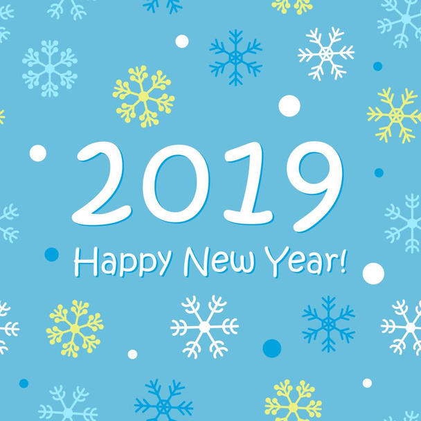 Bonne année 2019, carte de vœux vectorielle avec flocons de neige doodle et points, confettis
. - Vecteur, image