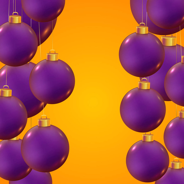Violet realistic vector Christmas balls on trendy yellow background. Banner for winter holidays and parties. New year flyer design. Christmas template. Beautiful winter ornaments. - Vecteur, image
