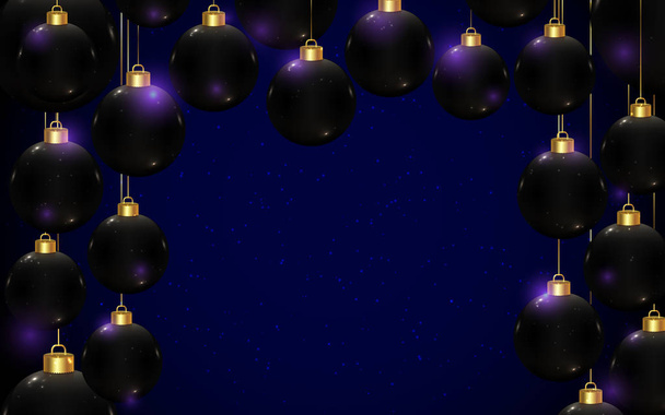 Чорний реалістичний вектор Різдвяні кульки на темно-синьому фоні з копіювальним простором. Шаблон горизонтального банера для зимових свят і вечірок. Новорічні листівки. Шикарний і розкішний дизайн вітальних листівок
. - Вектор, зображення