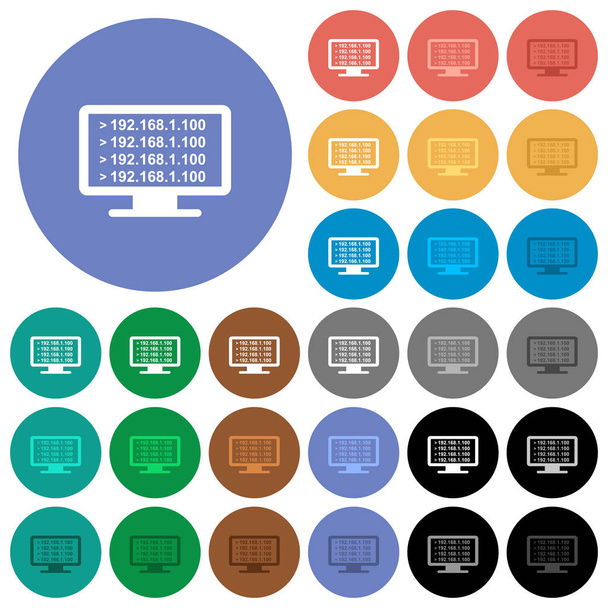 Ping リモート コンピューター複数の色の円形の背景にフラット アイコン。ホバーとアクティブな状態の効果、およびボーナスの色合いの白、光と闇のアイコンのバリエーションが含まれて. - ベクター画像