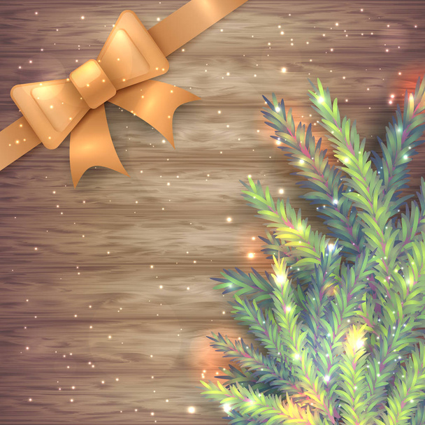 Vector illustration of realistic sparkled green and blue fir tree branch and golden silk ribbon with bow on wood background. Beautiful design for Christmas and New Year postcard and banner. - Wektor, obraz