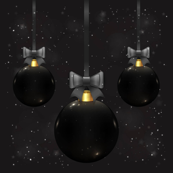 Beautiful vector christmas balls in black color on dark gray background with bows, bokeh and sparkles. Chic and luxury greeting card design. Royal vintage banner for winter holidays. - Vector, imagen