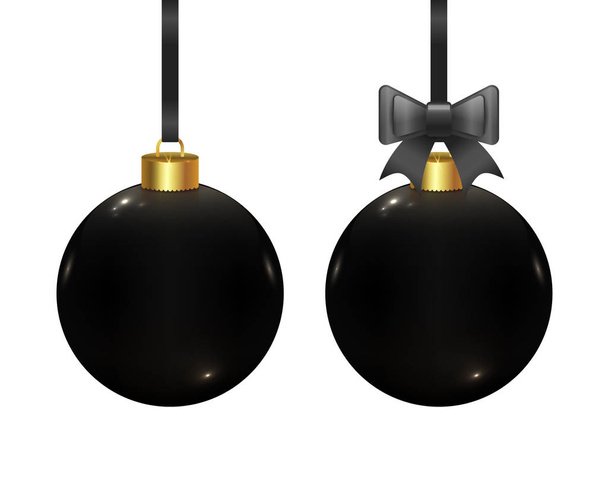 Black vector realistic Christmas balls isolated on white background. Set of 2 beautiful Xmas toys. New year balls with bow ribbon. - Wektor, obraz