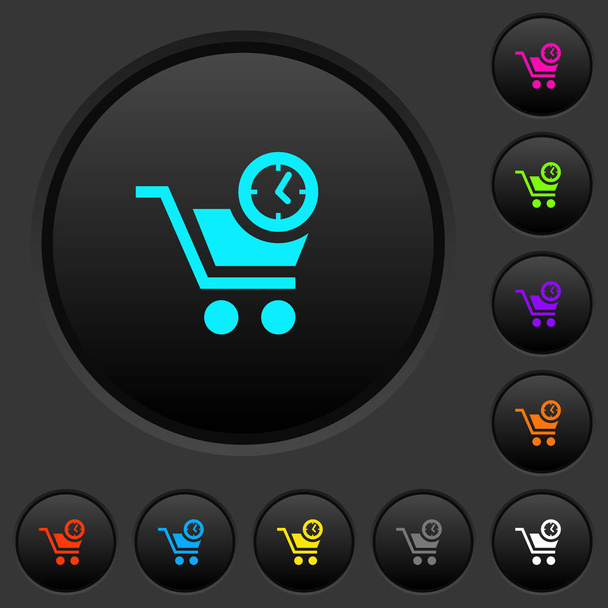 Sofortkauf dunkle Tasten mit lebendigen Farbsymbolen auf dunkelgrauem Hintergrund - Vektor, Bild