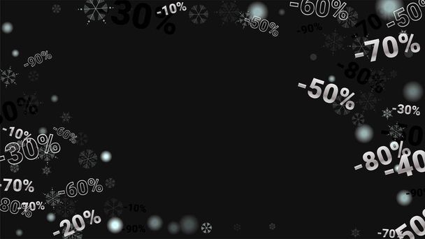 Percent Sings on Dark Background. Black Poster with Silver Percent Sings and Snowflakes. Vector Discount Sale Background. - Vector, afbeelding