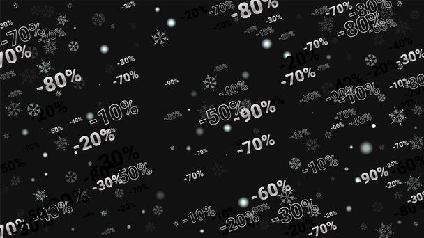 Percent Sings on Dark Background. Black Poster with Silver Percent Sings and Snowflakes. Vector Discount Sale Background. - Wektor, obraz