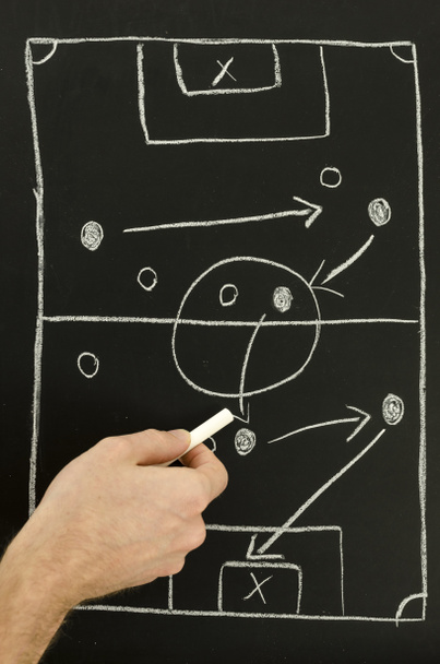 Вид сверху на человека, рисующего стратегию игры в футбол
 - Фото, изображение
