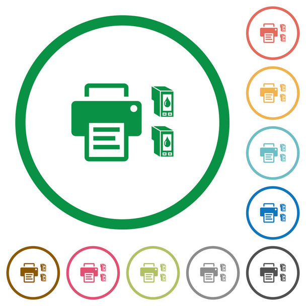 Printer and ink cartridges flat color icons in round outlines on white background - Vector, Image