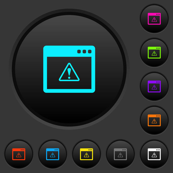 Application warning dark push buttons with vivid color icons on dark grey background - Vektor, Bild