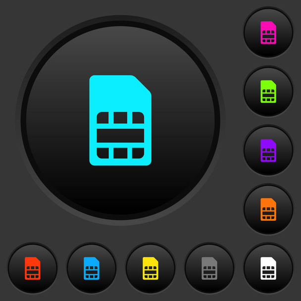 SIM-kaart donkere drukknoppen met pictogrammen met levendige kleuren op donkere grijze achtergrond - Vector, afbeelding