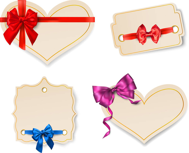 Beige paper card templates with satin bow. - Διάνυσμα, εικόνα