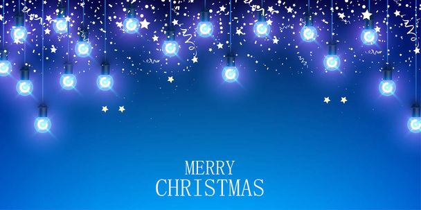 Синій веселий різдвяний плакат з блискучими декоративними ліхтарями і c
 - Вектор, зображення