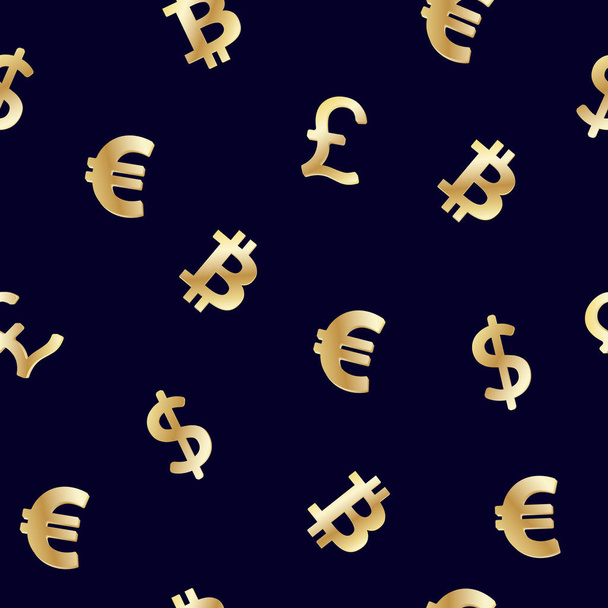世界通貨ドル、ユーロ、英ポンドと cryptocurrency ビットコイン黄金シンボル暗い青色の背景にシームレス パターン。ベクトル図. - ベクター画像