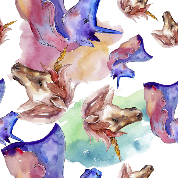 Cute unicorn horse in a watercolor style isolated. Seamless background pattern. Fabric wallpaper print texture. - Foto, immagini