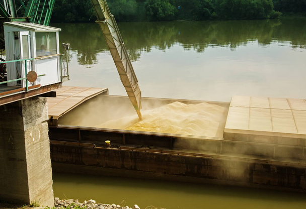 Пшеница заполнена речным кораблем для транспортировки
 - Фото, изображение