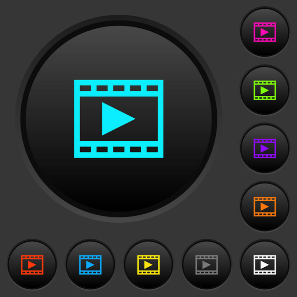 暗い灰色の背景に鮮やかな色のアイコンを持つ映画暗いプッシュ ボタンを再生します。 - ベクター画像