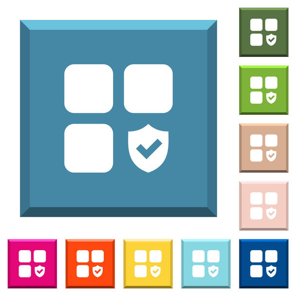 Protected component white icons on edged square buttons in various trendy colors - Vector, Image