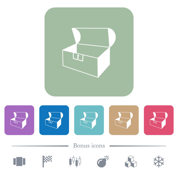 Coffre ouvert vide blanc icônes plates sur fond carré arrondi de couleur. 6 icônes bonus incluses
 - Vecteur, image