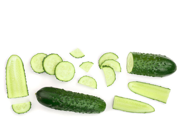 Cucumber slices isolated on white background with copy space for your text. Top view. Flat lay pattern. Set or collection - Photo, Image