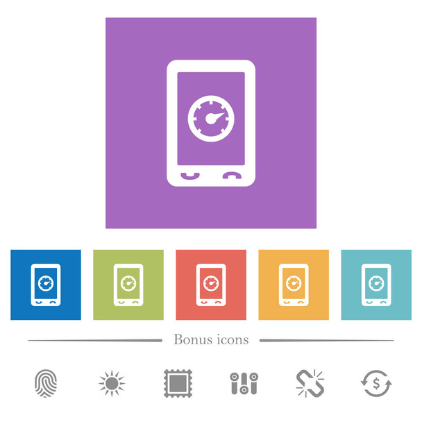 Iconos blancos planos de referencia móviles en fondos cuadrados. 6 iconos de bonificación incluidos
. - Vector, imagen