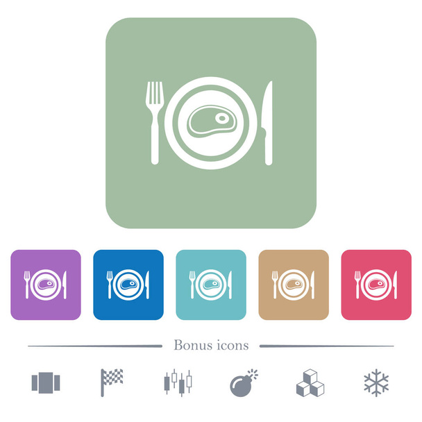 Steak for lunch white flat icons on color rounded square backgrounds. 6 bonus icons included - Vector, Image