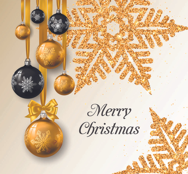 Fondo navideño con copos de nieve dorados brillantes. Tarjeta con elementos decorativos, bolas de Navidad y arco, Feliz Navidad tarjeta vector Ilustración
 - Vector, Imagen
