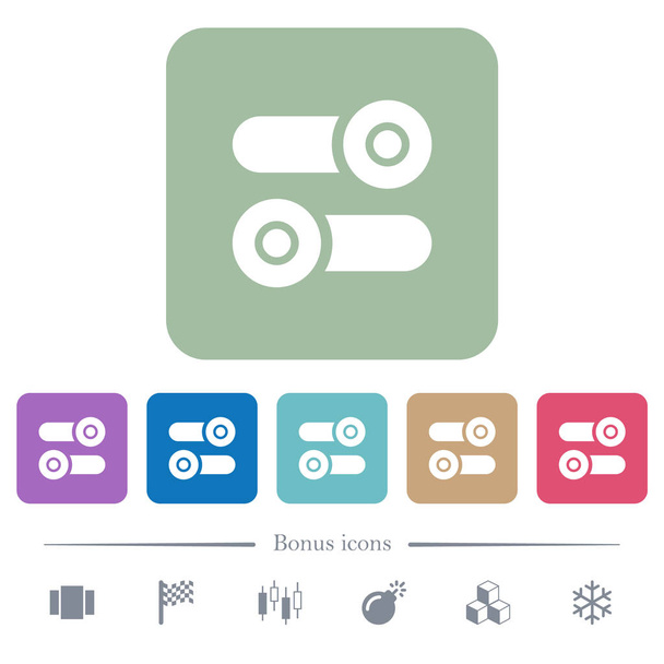 Przełączniki dźwigniowe białe płaskie ikony na kolor zaokrąglony kwadrat tła. 6 ikon bonus - Wektor, obraz