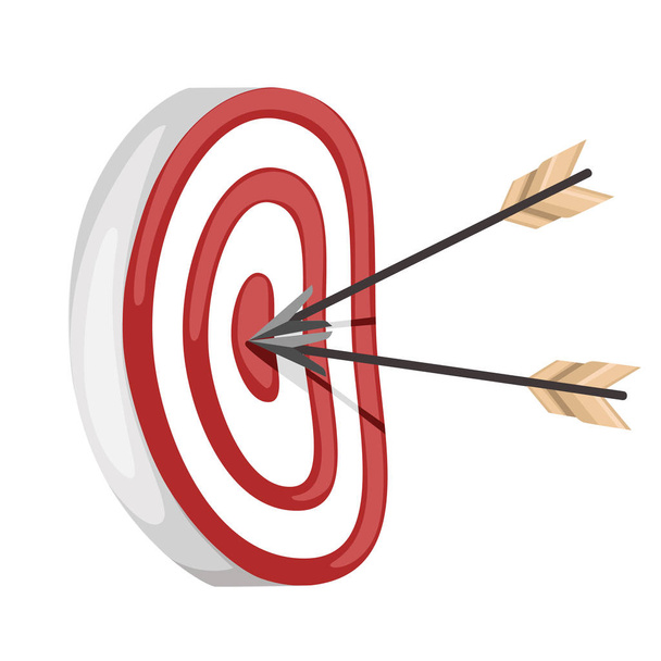 Red archery target with two arrows in the center. Target for archers and crossbowmen. Flat vector illustration isolated on white background. - Vector, Image