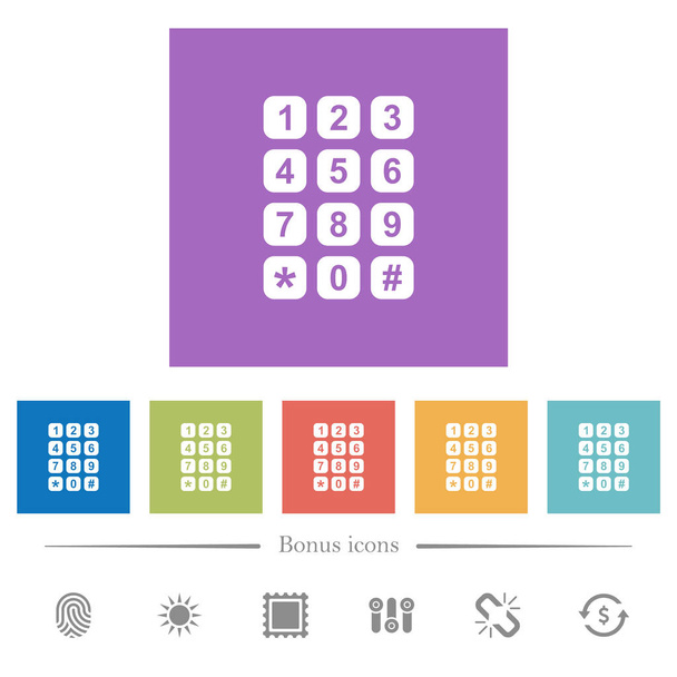 Αριθμητικό πληκτρολόγιο επίπεδη λευκό εικονίδια στο τετράγωνο υπόβαθρα. 6 εικονίδια μπόνους που περιλαμβάνονται. - Διάνυσμα, εικόνα