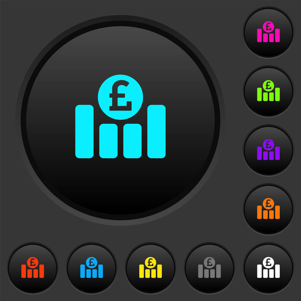 Pound financial graph dark push buttons with vivid color icons on dark grey background - Vector, Image