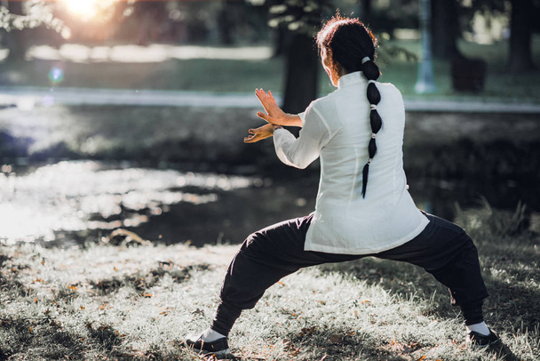 Woman practicing Tai Chi Quan in the park - Zdjęcie, obraz