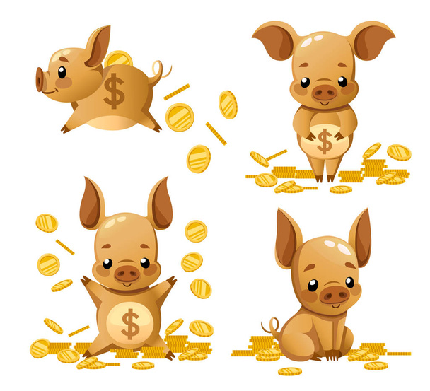 Collection of cute piggy bank. Cartoon character design. Little pig play with gold coin. Falling coins. Flat vector illustration isolated on white background. - Vector, Image