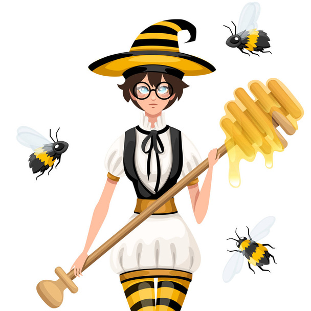 Lindo pelo castaño miel bruja volando con abejas. Mujer sosteniendo cazo de miel, varita mágica. Traje a rayas estilo abeja. Ilustración vectorial plana aislada sobre fondo blanco
. - Vector, imagen