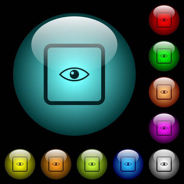 Preview object icons in color illuminated spherical glass buttons on black background. Can be used to black or dark templates - Vector, Image