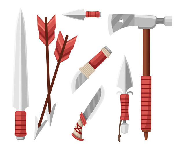 Tomahawk-Axt, Messer, Dolche und Pfeile. Gegenstände zum Überleben, kalte Stahlarme. flache Vektorabbildung auf weißem Hintergrund. - Vektor, Bild