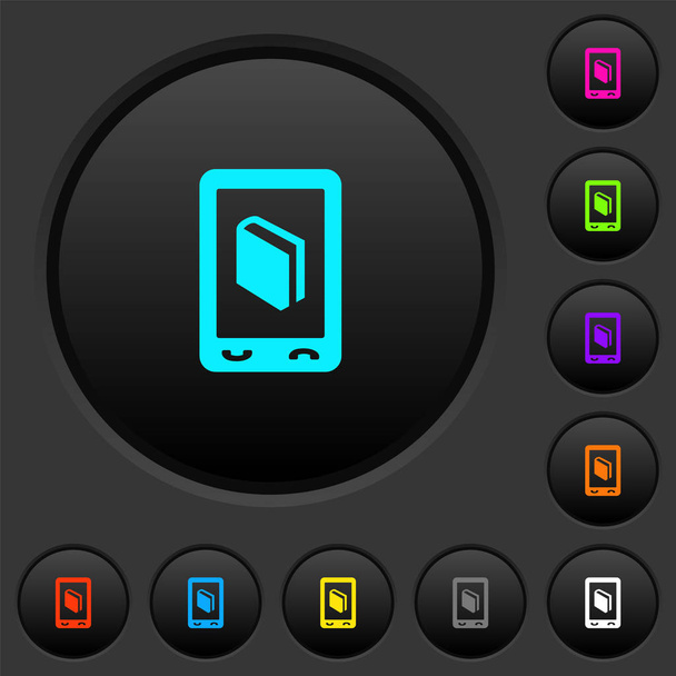 Diccionario móvil pulsadores oscuros con iconos de colores vivos sobre fondo gris oscuro
 - Vector, imagen