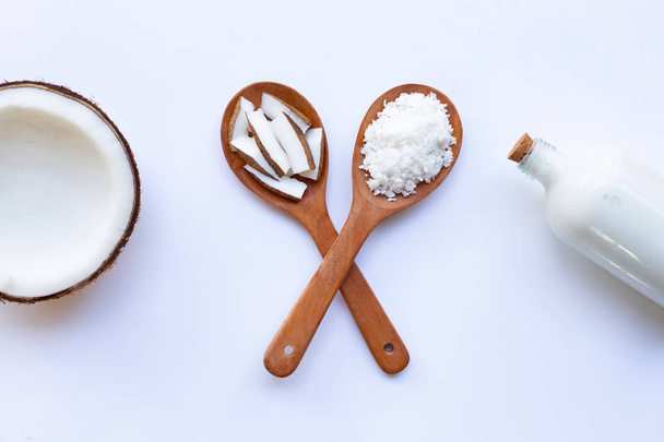 Coconut and coconut milk on white background. - Foto, Bild
