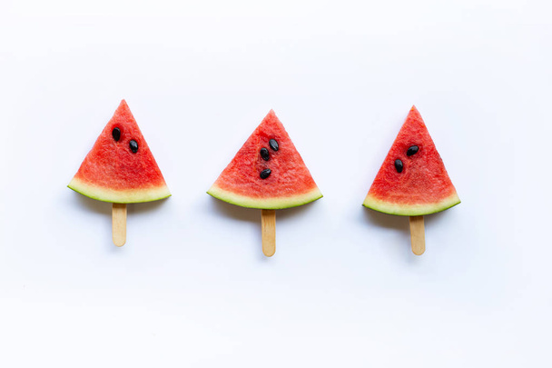 Sweet watermelon slice popsicles on white background - Photo, Image