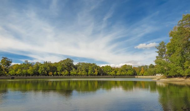 paisagem com lagoa cercada por grandes árvores em la granja de san ildefonso, segovia, espanha
 - Foto, Imagem