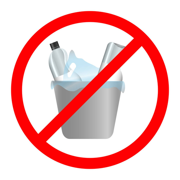 Остановить пластиковые загрязнения. Смятые пластиковые тарелки и сумки в мусорном ведре. Красный круг вычеркнут
 - Вектор,изображение
