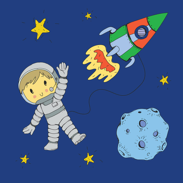 Cartoon space for children. Moon, stars, planet, asteroid, astrounaut, rocket, spaceship, alien, ufo. Adventure, travel, exploration around universe. - Vector, Image