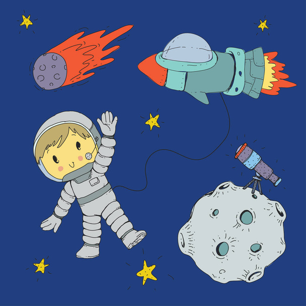 Espaço de desenhos animados para crianças. Lua, estrelas, planeta, asteróide, astrounaut, foguetão, nave espacial, alienígena, ufo. Aventura, viagens, exploração em torno do universo
. - Vetor, Imagem
