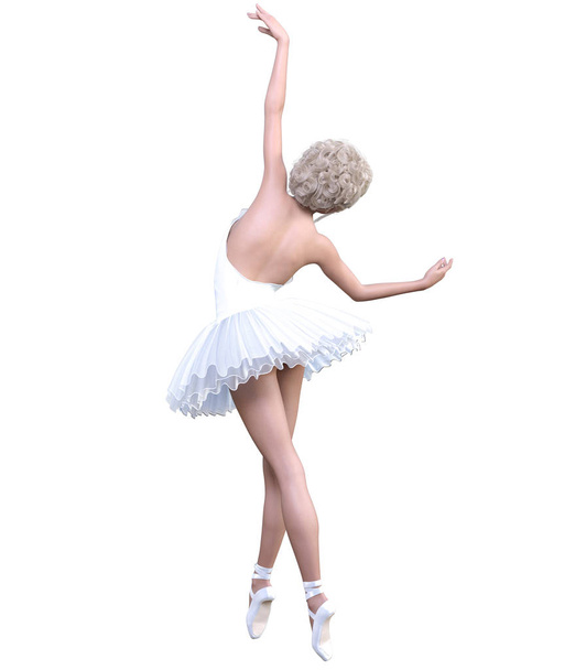 Dancing ballerina 3D. White ballet tutu. Blonde girl with blue eyes. Ballet dancer. Studio photography. High key. Conceptual fashion art. Render realistic illustration. White background. - Фото, зображення