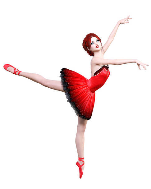 Dancing ballerina.Red ballet tutu.Redhead girl with blue eyes.Ballet dancer.Studio photography.High key.Conceptual fashion art.3D render realistic illustration.White background. - Φωτογραφία, εικόνα