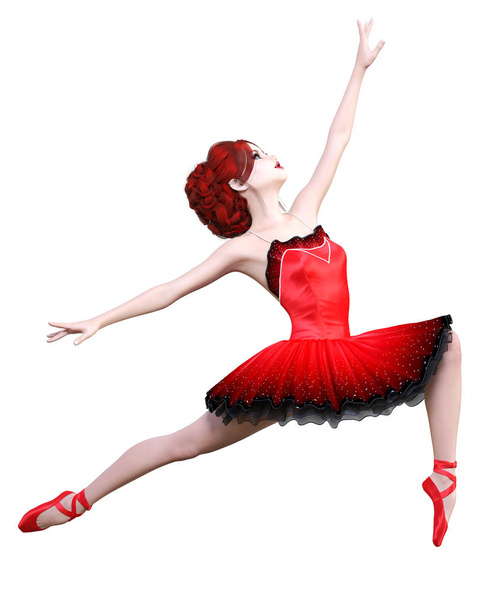 Dancing ballerina.Red ballet tutu.Redhead girl with blue eyes.Ballet dancer.Studio photography.High key.Conceptual fashion art.3D render realistic illustration.White background. - Fotó, kép