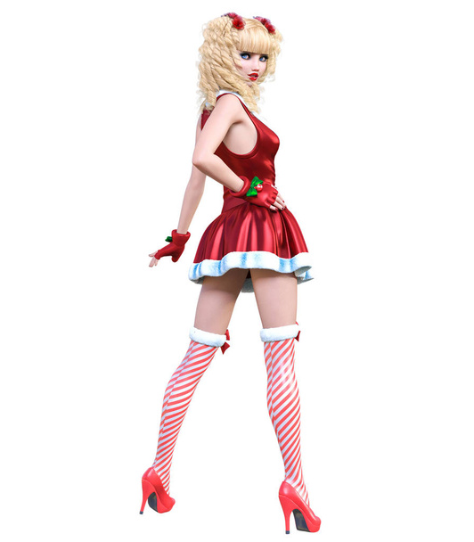 Young beautiful Santa girl doll face. Short red festive dress fur. Long blonde hair. Bright make up. Conceptual fashion art. Realistic 3D render illustration. Christmas, New Year. - 写真・画像