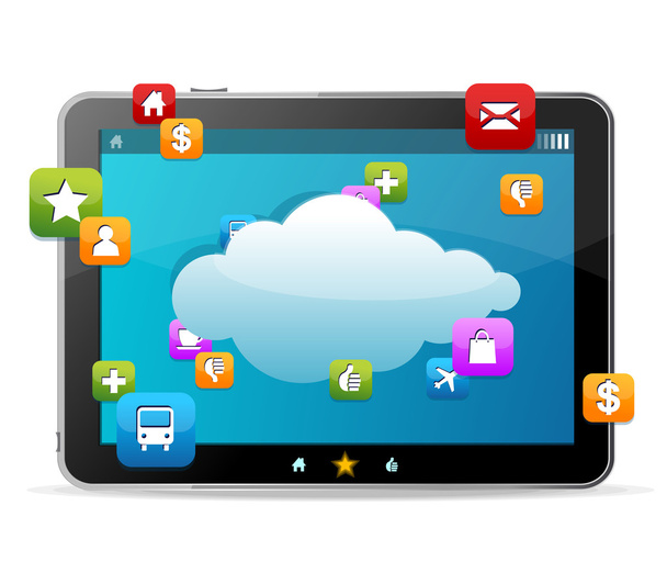 Black tablet like Ipade on white background and icons - Vector, Image