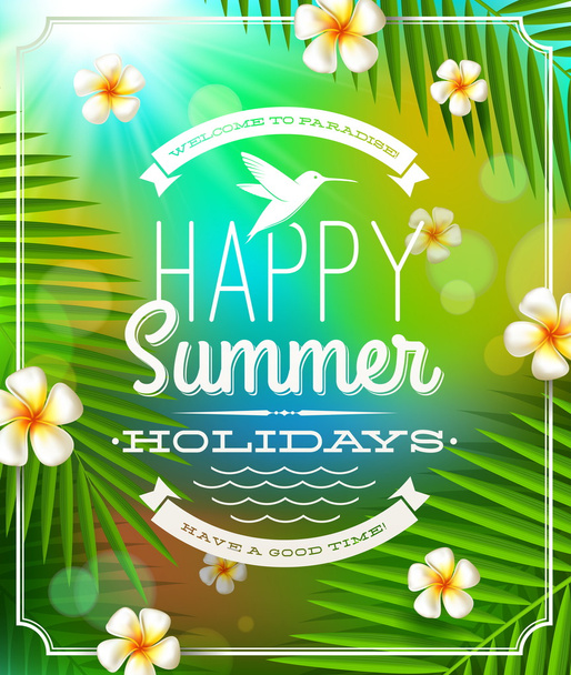 Summer holidays greeting emblem and frangipani flowers against a tropical forest background - Вектор,изображение