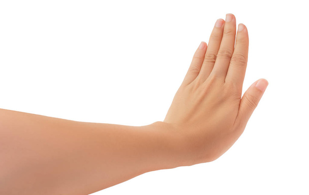 Menselijke hand in iemands hand reiken en tonen 5 vingers gebaar isoleren op witte achtergrond met een uitknippad, hoge resolutie en lage contrast voor retoucheren of grafisch ontwerp - Foto, afbeelding